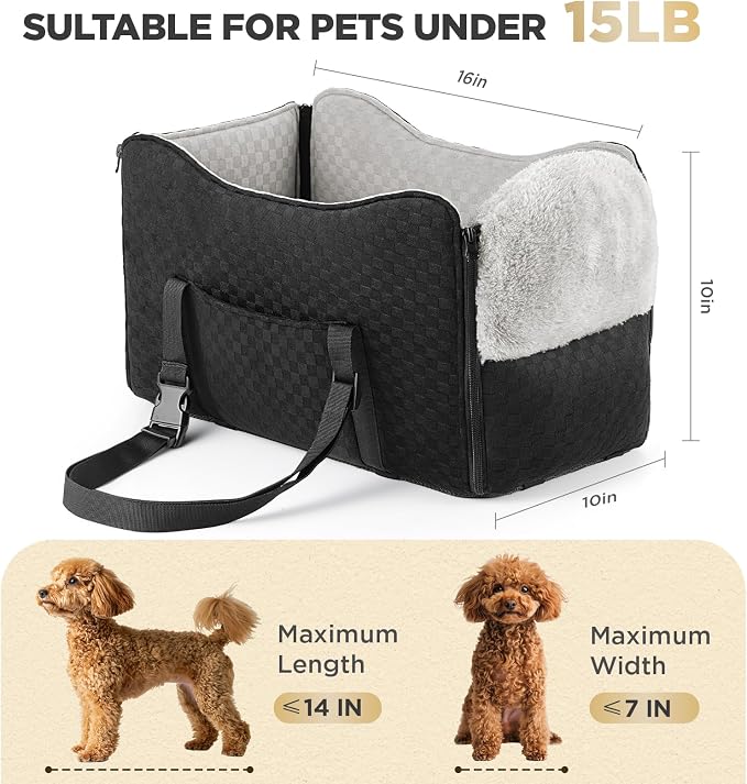 BONTHEE Center Console Dog Car Seat for Small Dogs- Anti-Collapse Design with Soft Plush & Sturdy Support Board, Adjustable Safety Leash for Small Dogs & Cats up to 15 lbs