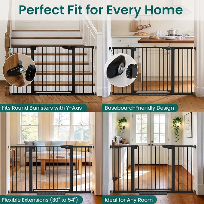 Cumbor 30-54" Extra Wide Baby Gate for Stairs & Auto Close Dog Gate Black | Dual Lock Easy Install Pet Gate for Doorways, Hallways & Kitchen, Pressure Mounted, Easy Walk Thru Safety Proofing