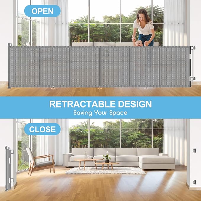 EZIGO 150 Inch Retractable Baby Gates Extra Wide Reinforced Baby Dog Gate | 34 Inch Tall Retractable Dog Gate with Reinforced Strip Mesh Safety Pet Gate for Stairs Hallway Doorway Indoor Outdoor, Gray