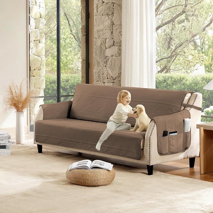 Boho Quilted Grand Sofa Covers Washable, Couch Cover for Grand Sofa, Soft Cozy Couch Protector for 4 Cushion Couch, Oversized Grand Sofa Slipcovers Water-Repellent (Grand Sofa 88", Raw Umber)