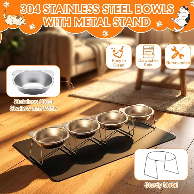 4 Set Elevated Cat Food Water Bowls 15°Tilted Stand Anti Vomiting Raised Dishes with Food Silicone Mat Stainless Steel Whiskers Friendly Cat Bowls for Multiple Cats and Puppy