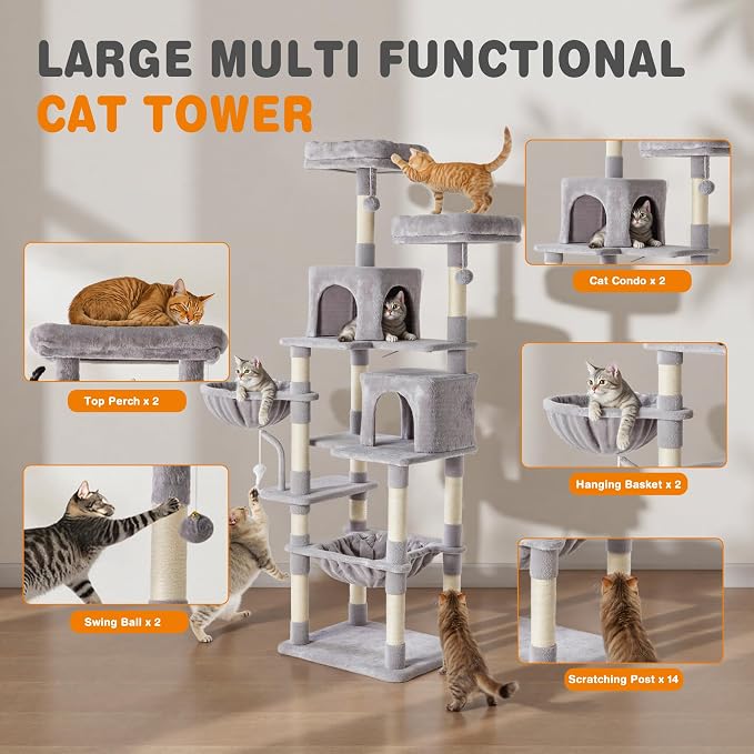Large 71 Inch Tall Cat Tree Tower for Indoor Cats, Light Grey | Multi-Level Tall Cat Tree Tower with Condo, Perches, Sisal Scratching Posts and Hammock, Pet Play House with Dangling Balls