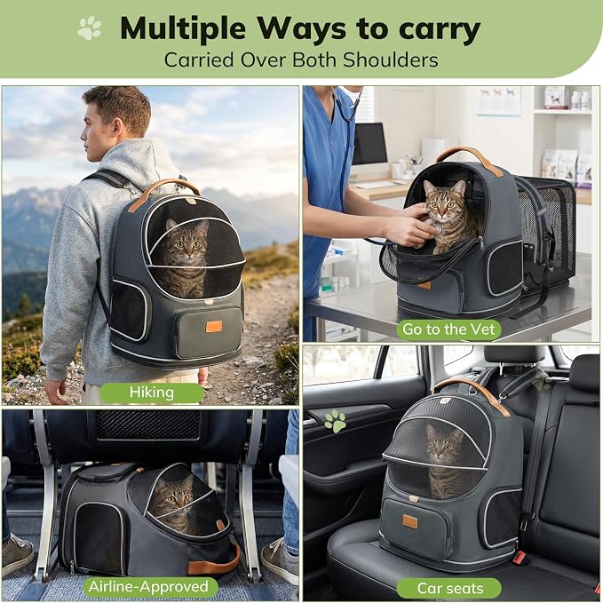 Morpilot Expandable Cat Carrier Backpack for Small Dogs & Cats Up to 12lbs, Breathable Mesh Pet Travel Backpack with Safety Leash, Foldable Airline Approved Carrier for Hiking Camping Outdoor, Grey