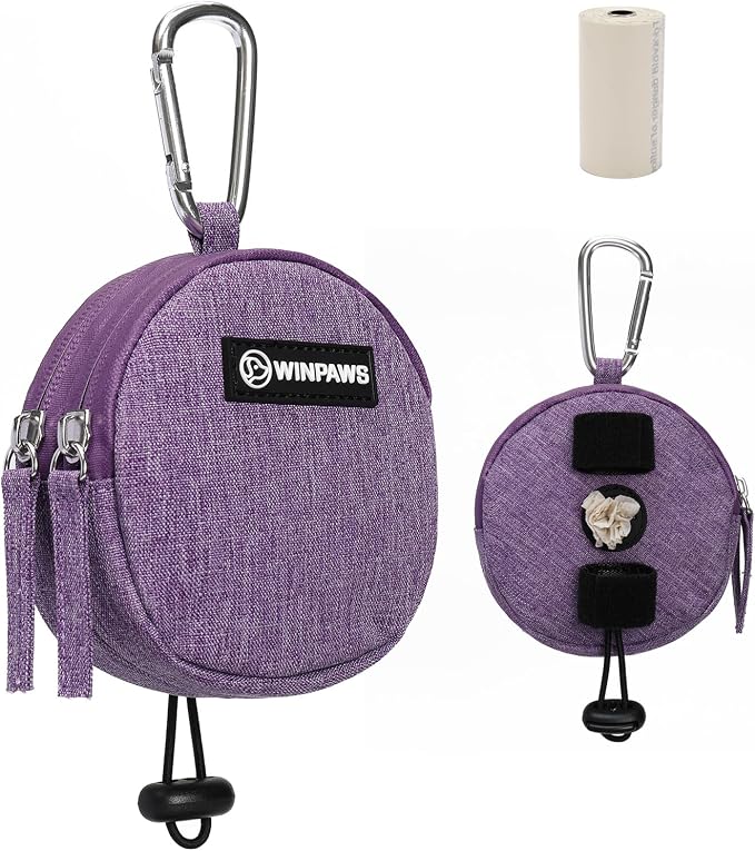 Dog Poop Bag Holder for Leashes- Dog Treat Pouch with Waterproof Zipper,Puppy Training Small Bag with Carabiner & Bungee Toggle,Two Pockets for Dry or Wet Treats-Pet Travel Walking Essentials (Purple)