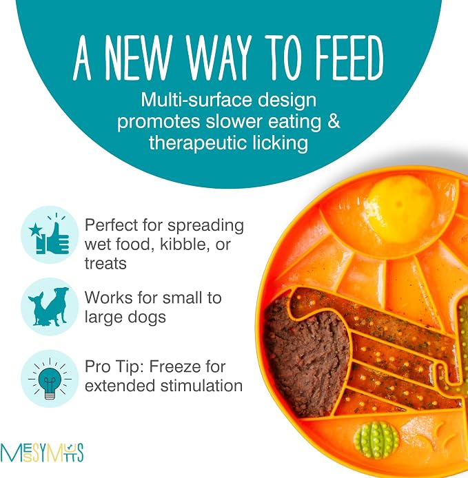 Messy Mutts Round Slow Feeder, 8 Inch, 2 Cup, Orange | 8 Inch Round Silicone Puzzle Slow Feeder For Dogs And Cats, Holds 2 Cups, Dishwasher Safe