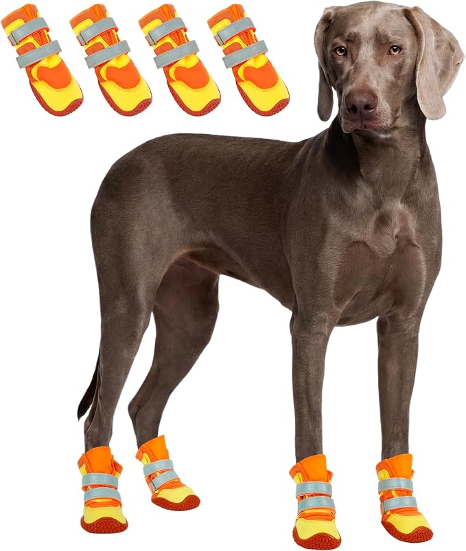 Lelepet 4pcs Dog Shoes for Hot Pavement,Dog Booties for Large Size Dogs | Reflective Paw Protector for Outdoor Walking/Hiking,Anti-Slip Puppy Shoes with Secure Double-Straps,Orange,XXXL