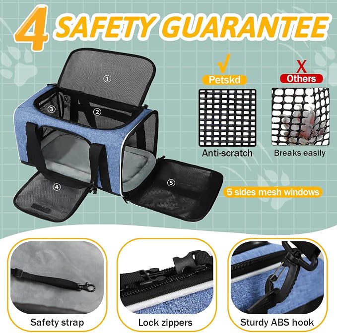 Petskd Small Pet Carrier 17" L x 11" W x 9.5" H Airline Approved, Blue | for Alaska Airlines, Lockable Safety Zippers and Anti-Scratch Mesh, Pets Under 10 lbs