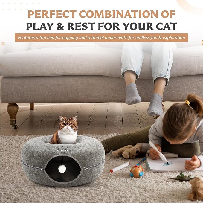 MeowMansion - Indoor Cat Tunnel Bed - Scratch Resistant Peekaboo Cave Donut Shape - Multifunctional Playground, Caves, Toys (Grey)