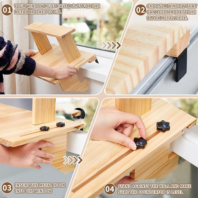 Double-layer Window Sill Extender Plant Shelf, 20+21 Inch Detachable Adjustable Window Sill Extender Shelf Stand for Plants Cat Perch, Renter Friendly No Drilling/Damage (Natural Wood Color)