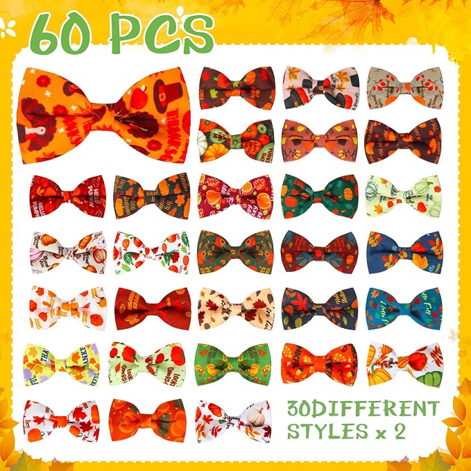 60 Pcs Thanksgiving Dog Collar Bow Ties Bulk Fall Dog Detachable Attachment Puppy Bows for Small Medium Large Cat Grooming Supplies