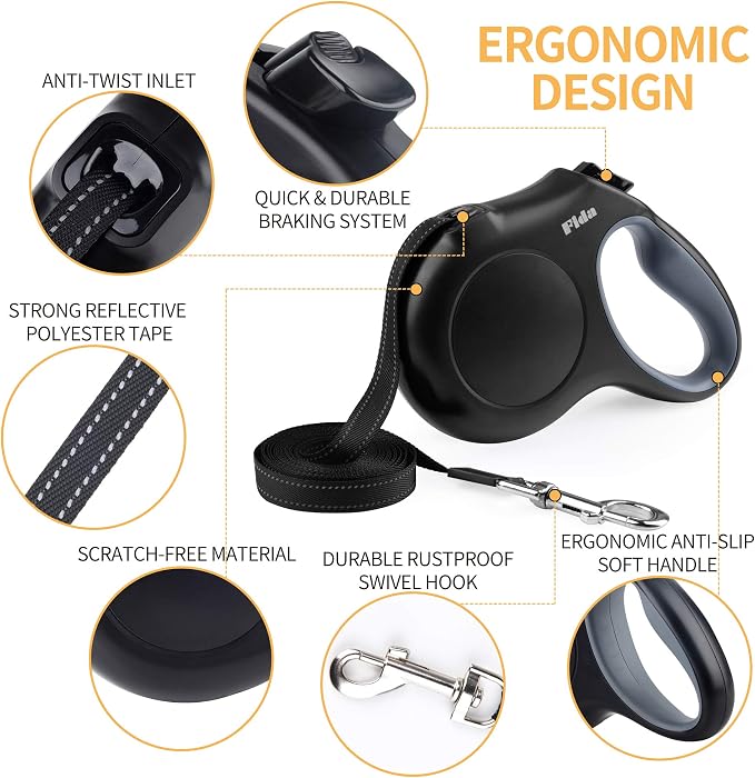 Fida Retractable Dog Leash with Dispenser and Poop Bags, 16 ft Pet Walking Leash for Small Dog or Cat up to 26 lbs, Anti-Slip Soft Handle, Tangle Free, Reflective Nylon Tape (S, Black)