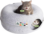 Peekaboo Cat Cave Donut for Multiple & Large Cats up to 30-45 lbs, 3-in-1 Self Warming Cat Bed, Tunnel & Scratcher for Indoor Cats, Washable & Detachable Small Dog Bed (Light Gray, Large)