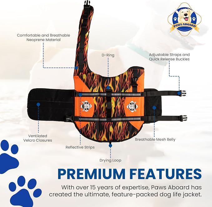 Dog Life Jacket — Premium Swim Vest with SafeChin Anti-Choke Collar | PAWS Aboard Racing Flames | RapidLift Rescue Handle, D-Ring, Reflective Trim | Boating, Kayaking, Pool | Small (15–25 lbs)