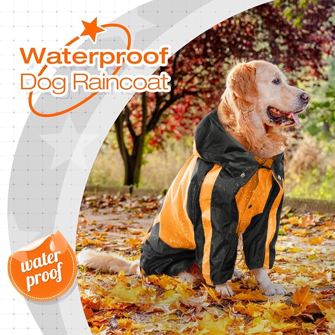 Dog Raincoat, 4 Leg Waterproof Dog Rain Jacket with Hood, Orange XL | Rain Coat For Small Dogs, Doggy Poncho With Leash Hole, Snap Buttons, For Rainy Snowy Weather Walks, Hiking, Camping