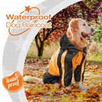 Dog Raincoat, 4 Leg Waterproof Dog Rain Jacket with Hood, Orange L | Rain Coat For Small Dogs, Doggy Poncho With Leash Hole, Snap Buttons, For Rainy Snowy Weather Walks, Hiking, Camping
