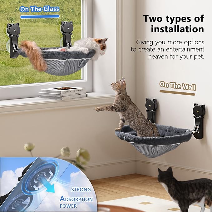 Cat Window Perch Cordless, Foldable & Stable Cat Beds- Breathable Cat Window Hammock for Overlooking, Sunbathing and Climbing - Maximum Hold Up to 40lb