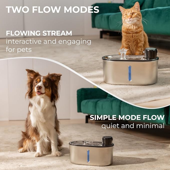 Wireless Cat Water Fountain Stainless Steel 108oz/3.2L, Cordless, Battery Operated Cat Fountain (Last up to 50 Days), Ultra Quiet, 2 Flow Modes, Multi-Filtration, BPA Free - Black +6 Filters