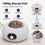 Felt Cat Tunnel for Large Indoor Cats, 24" x 24" x 12" Peekaboo Cave Bed | Light Grey 24" x 24" x 12" sturdy 1300g felt cave with 7" entrance, rear peek hole, large zipper and hanging ball.