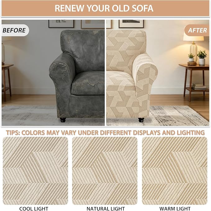 ZNSAYOTX Stretch Armchair Covers for, 1-Piece Chair Slipcovers for Living Room, Furniture Protector with Elastic Bottom for Dogs Cats Kids Geometrical Jacquard Fabric (Small, Khaki)