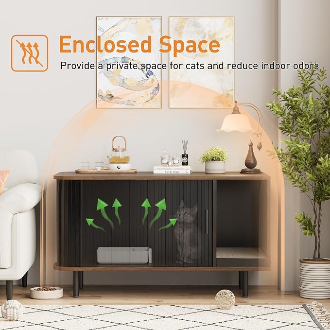 Halitaa 37.4" Cat Litter Box Enclosure with Scratch Pad, Sliding Door | Litter Box Enclosure Furniture Hidden Litter Box, Modern Indoor Cat House, TV Stand, Side End Table for Living Room, Black
