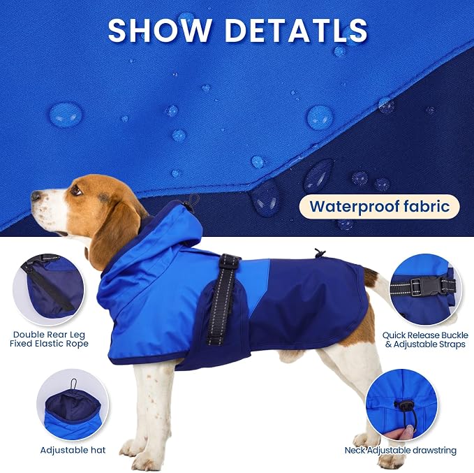BRKURLEG Dog Raincoat, Waterproof Rain Jacket with Hood, Blue, L | Adjustable Windproof Rainproof Jacket with Leash Hole, Reflective Breathable Rain Coat Poncho, for Small to Large Dogs