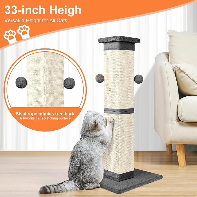 Cat Scratching Post 33 Inch Nature Sisal Scratch Post for Indoor Cats, Large Cat Scratcher Protect Your Furniture, for All Breeds Grey