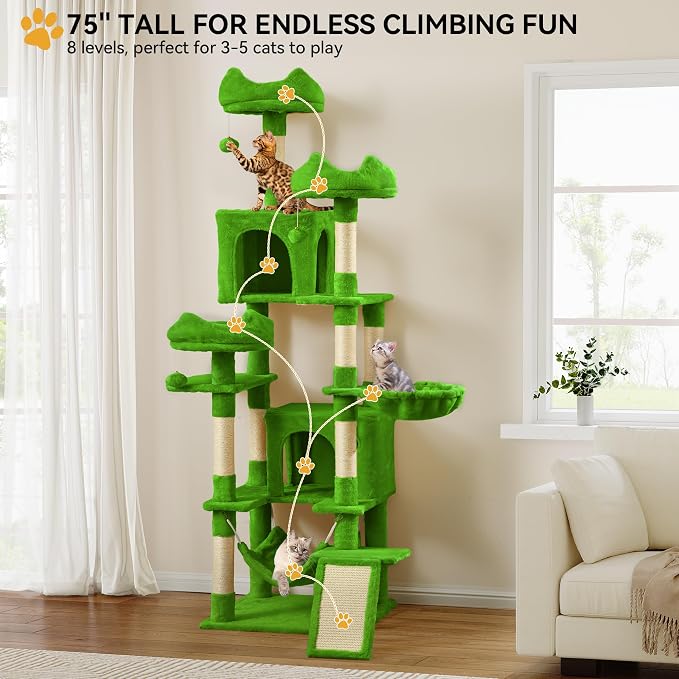 YITAHOME 75inch Cat Trees for Large Cats | Cat Tower for Indoor Cats with Scratching Post, Hammock, Cat Condo, Green