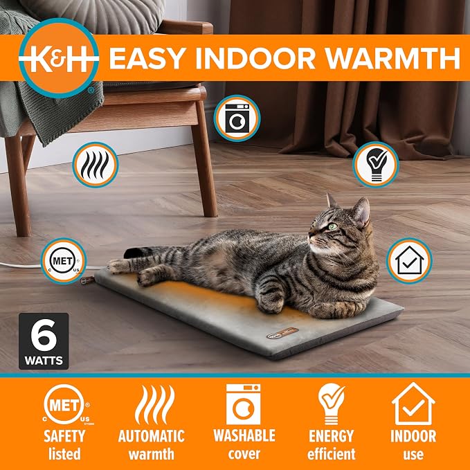 K&H Heated Cat Bed, Thermo-Kitty Mat Indoor, Safety Listed, 6W, Gray | Removable Waterproof Cat Heating Pad, Reversible Calming Warm Foam Pet Pad, Machine Washable, Smart Thermostat, 25x12.5in