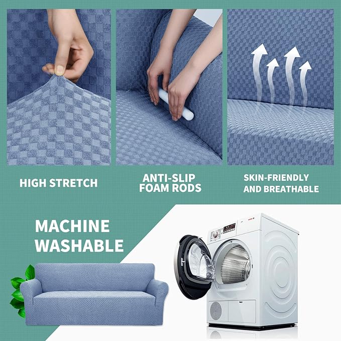 YEMYHOM Couch Cover Latest Jacquard Design High Stretch Sofa Covers for 3 Cushion Couch, Pet Dog Cat Proof Slipcover Non Slip Magic Elastic Furniture Protector (Large, Light Blue)