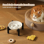 Elevated Ceramic Slow Feeder Cat Bowl, 6.3'' Wide Whisker Friendly | Slow Eating 5x, Anti Vomit Shallow Slow Eating Cat Dish, 3.9" H Raised Cat Puzzle Feeder for Dry and Wet Food, 6.3" X 1.2"