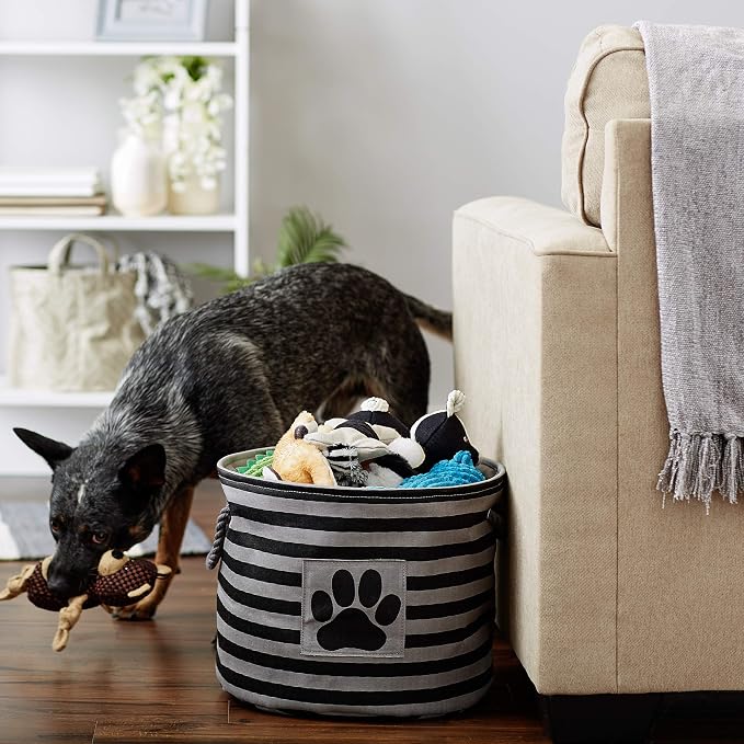Bone Dry 5743 Pet Storage Collection Striped Paw Patch Bin, Medium Round, Black