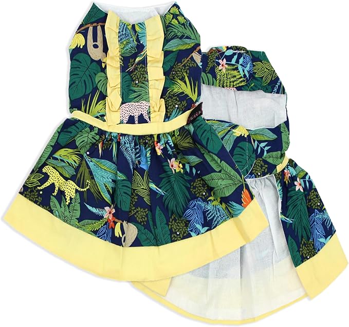 Parisian Pet Amazonia Dog Dress - Summer Clothes for Small Dogs Girl - Tropical Pet Dress - Beach Dog Outfit - Lightweight Puppy Clothes - Jungle Print Dresses for Dogs - Female Small Dog Clothes