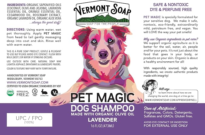 VERMONT SOAP Organic Pet Shampoo, Lavender Natural Dog Shampoo, 16 oz | Lavender scent, organic olive oil, coconut & aloe vera, soothing pet care, USDA Certified Organic, sensitive skin formula