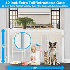 42 Inch Extra Tall Retractable Baby Gates with Reinforced Strips 55 Inch Wide Outdoor Retractable Dog Gate No Sag Extra Tall Baby Gate for Doorway Anti-Scratch Mesh Gates for Kids or Pets, White