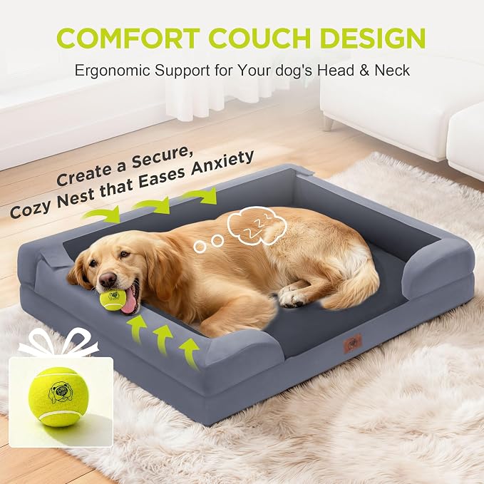Waterproof Orthopedic Dog Bed for Extra Large Sized Dogs | Memory Foam Pet Bed Sofa with Bolster, Dog Couch with Washable Cover & Non-Slip Bottom, 45x35 Inch, Dark Grey