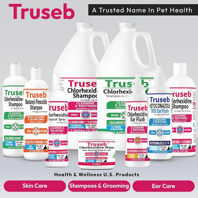 Truseb Topical Chlorhexidine 4% Shampoo for Dogs, Cats, and Horses with Plum/Blueberry Scent - 12 oz - Made in U.S.A (Chlorhexidine 4% Shampoo, 12 oz)