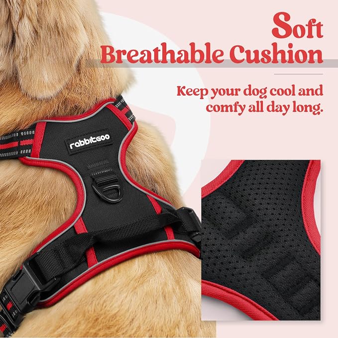 rabbitgoo Dog Harness, No Pull Medium Sized with 2 Leash Clips, Pet Vest | No Choke with Handle, Adjustable Soft Padded, Reflective, Easy Control for Walking, Black & Red, Medium