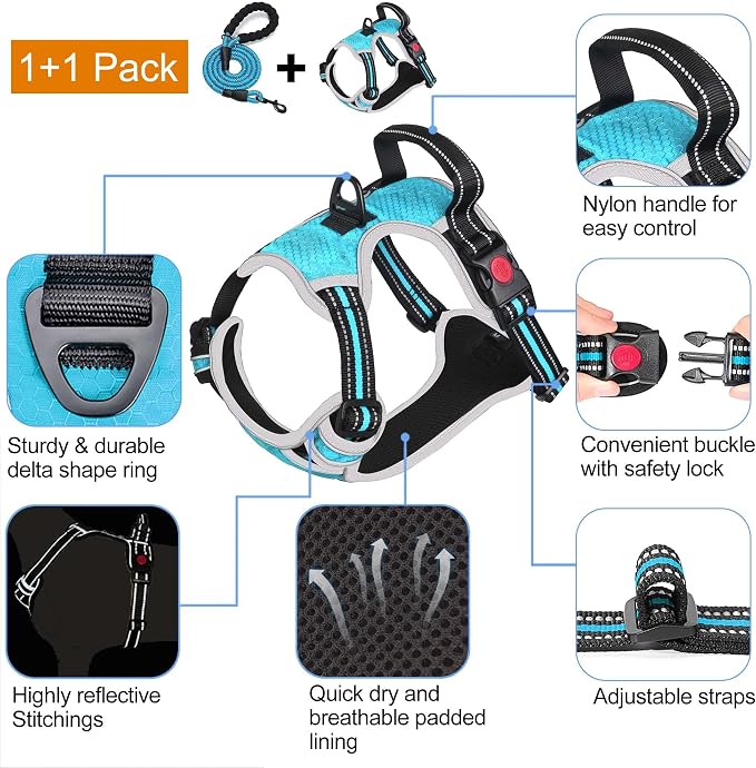 tobeDRI No Pull Dog Harness Adjustable Reflective Oxford Easy Control Medium Large Dog Harness with A Free Heavy Duty 5ft Dog Leash, Blue/Grey, M