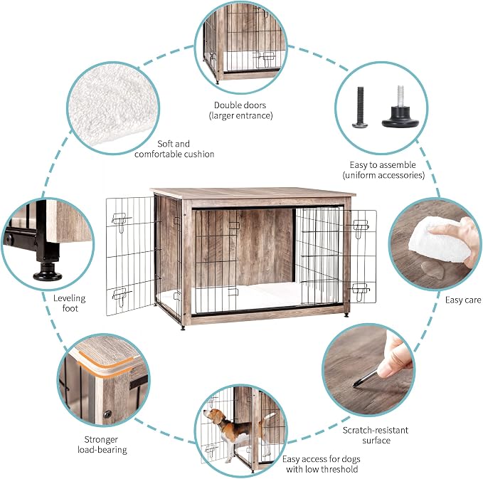 DWANTON Dog Crate Furniture with Cushion, Wooden Kennel Table with Double Doors, Indoor Dog House, Extra Large Size, 43.3" L, Greige