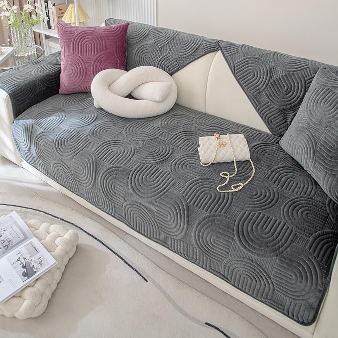Soft Plush Geometric Quilted Couch Sofa Cover Boho Non Slip Fuzzy Sectional Couch Cover Solid Color Washable Sofa Slipcover Furniture Protector for Kids Dogs Cats (Dark Grey,43"x82")