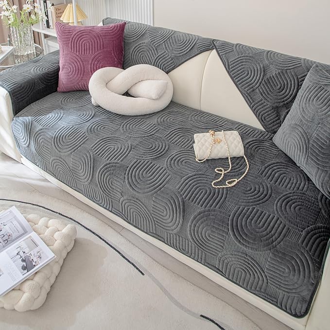 Soft Plush Geometric Quilted Couch Sofa Cover Boho Non Slip Fuzzy Sectional Couch Cover Solid Color Washable Sofa Slipcover Furniture Protector for Kids Dogs Cats (Dark Grey,43"x94")