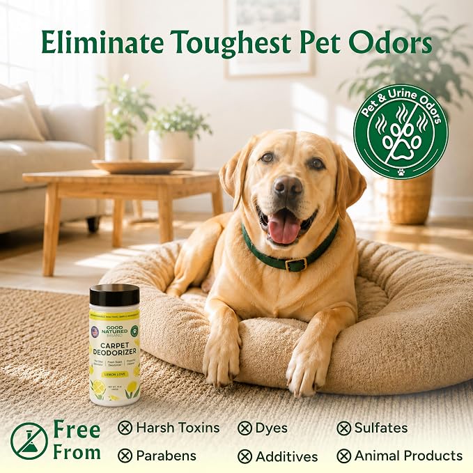 Good Natured Brand | Carpet Freshener & Deodorizer Powder | 16 oz Pet Odor Eliminator for Strong Odor & Pet Urine | Fresh Natural Lemon Scent | Safe for Homes with Pets