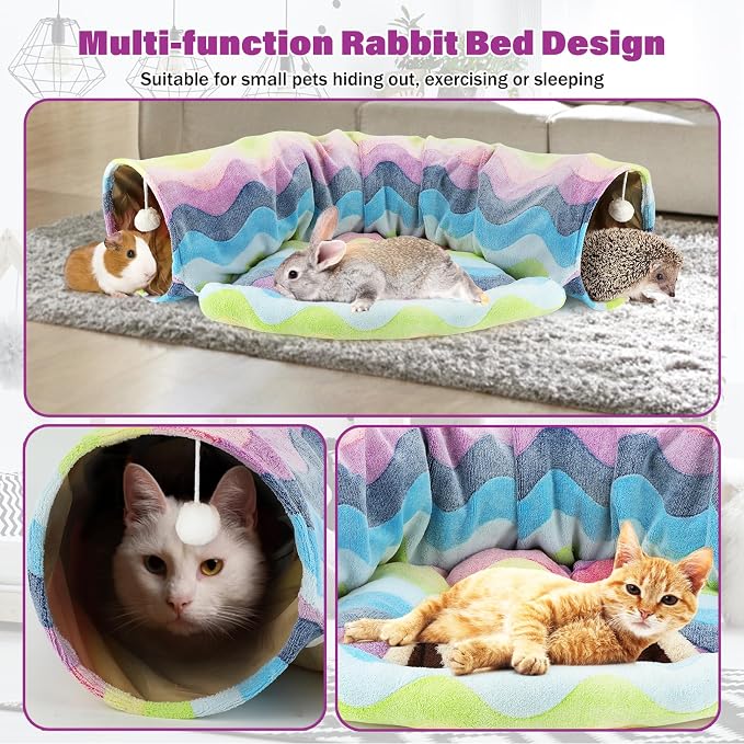 BWOGUE Bunny Tunnel Bed, 2-in-1 Collapsible Rabbit Tunnel Hideout with Mat | Removable Mat for Washing, Ball Toy for Play, Tunnel Tubes for Hiding, Soft Suede Fabric, Cats Rabbits Guinea Pigs