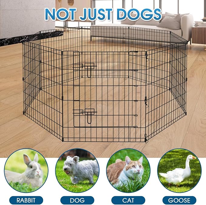 Peekaboo Dog Playpen 30 in, 8 Panel Metal Rustproof Pet Fence with Cover | 30 Inch 8 Panel Foldable Metal Dog Playpen with Bottom Pad