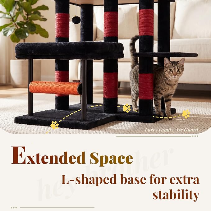 Hey-brother Cat Tree Tower with Stable L-Shaped Widen Base, Condo, MPJ086BR | 68.5 Inches Multi-Level Furniture with 2 Platforms, 11 Scratching Posts, Hammock and Toys Ball for Indoor Cats, Black and Red