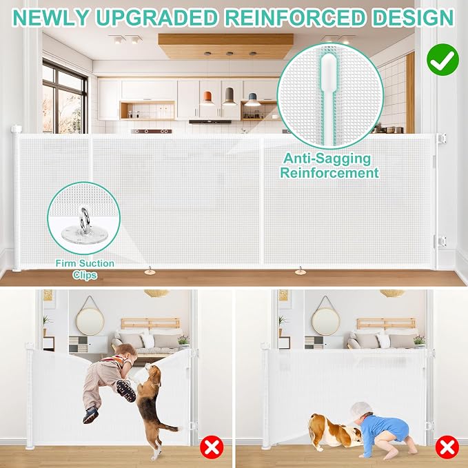 EZIGO 196 Inch Retractable Baby Gates, 41 Inch Extra Tall Retractable Gate | Reinforced Retractable Dog Gate with Rods, 16.3FT Extra Long Mesh Pet Gate for Stairs Hallways Doorway Indoor Outdoor, White