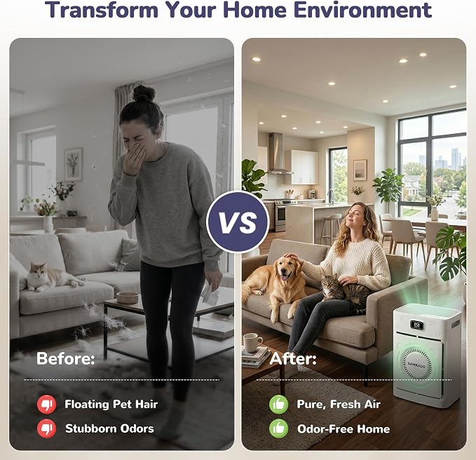 Pet Air Purifier, Dual-sided Washable H13 HEPA, 2500 Sq Ft, App | Dual-Sided Pet Hair Intake, Smart APP Control, Washable Pre-Filter, PM2.5 Sensor, Auto mode, 25 dB Sleep Mode, Child Lock