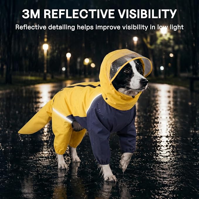 Full-Body Dog Raincoat with Detachable Hood, Waterproof Reflective Dog Rain Jacket with Tail Cover, Adjustable Fit and Leash Portal for Rainy Walks, Bright Yellow, X-Large