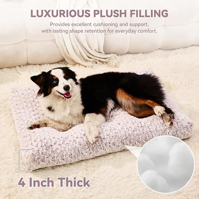 Orthopedic Dog Bed for Dogs, Calming Plush Dog Mat with Thick Cushion Support, Washable Fluffy Pet Bed with Non-Slip Bottom, Soft Indoor Dog Crate Bed (Purple, 41.0" L x 27.0" W x 4.0" Th)