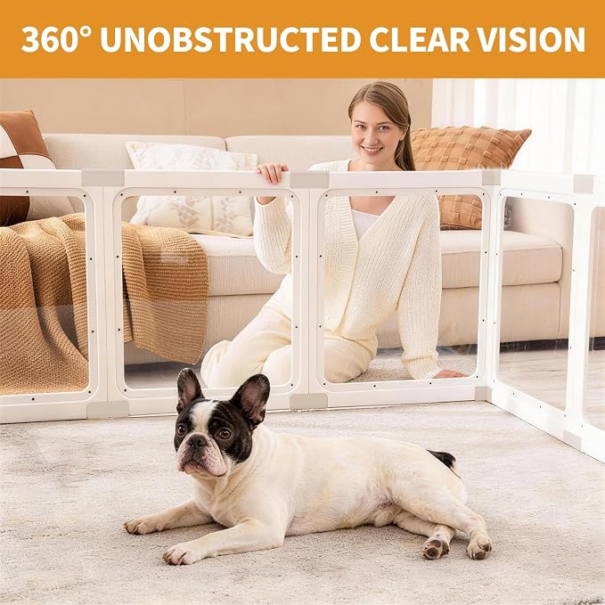 Acrylic Dog Playpen Indoor for Small Dogs & Puppies | 2 Rooms Clear Pet Playpen, Easy Clean & Assemble, Modern No-Bar Design, Escape-Proof & Sturdy, 23.6", 16 Panels, White
